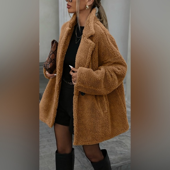 Sebby Women’s Camel Tan Teddy Bear Lined Topper Coat Medium - Picture 5 of 16